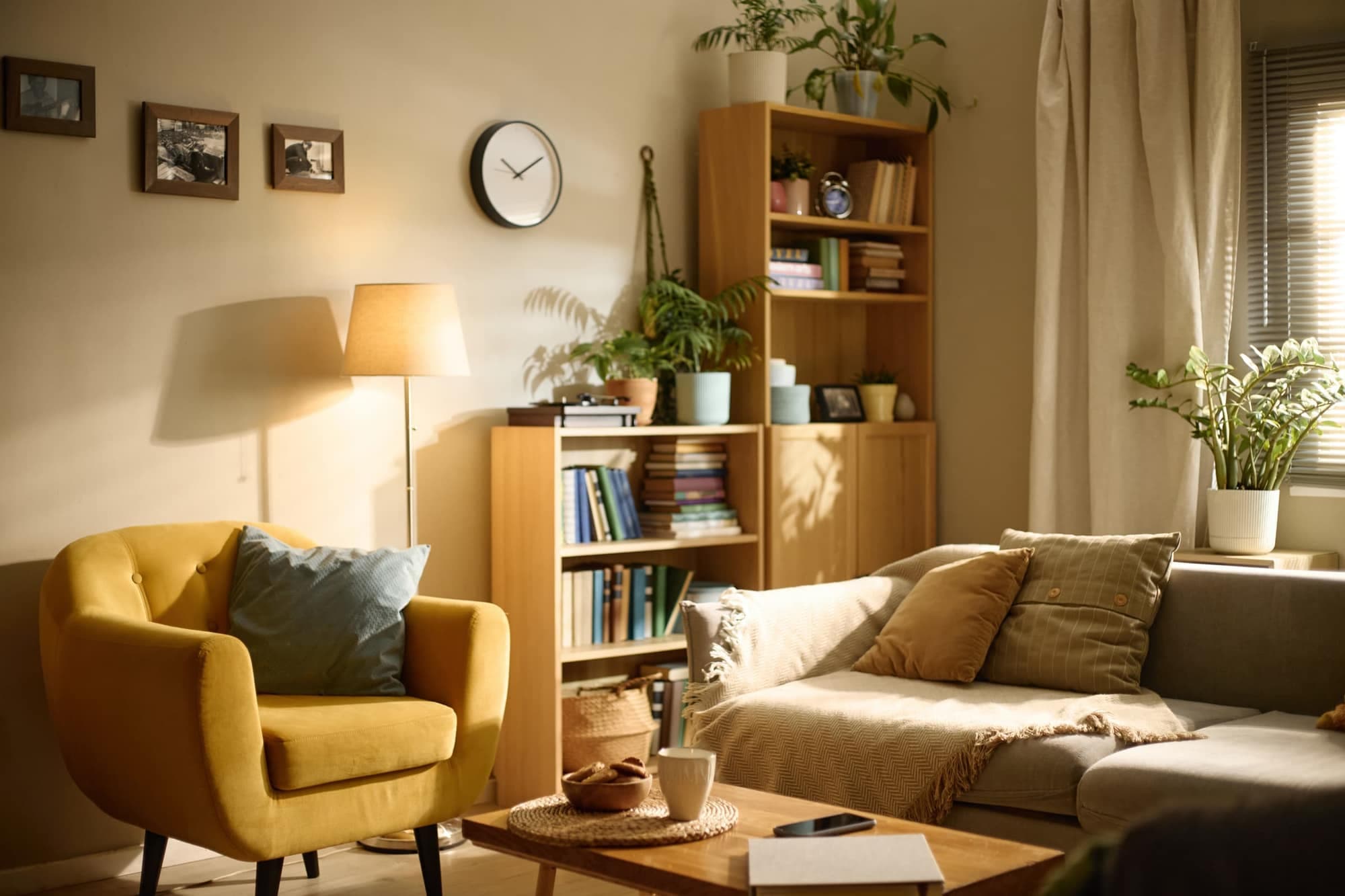 Sunlit living room with a yellow armchair, wooden bookcases, a floor lamp and a beige sofa with cushions