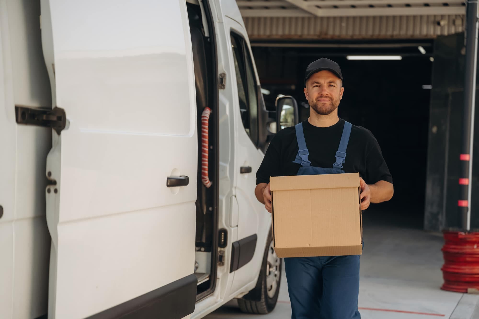 A man in a cap and blue overalls holding a cardboard box beside an open white van door