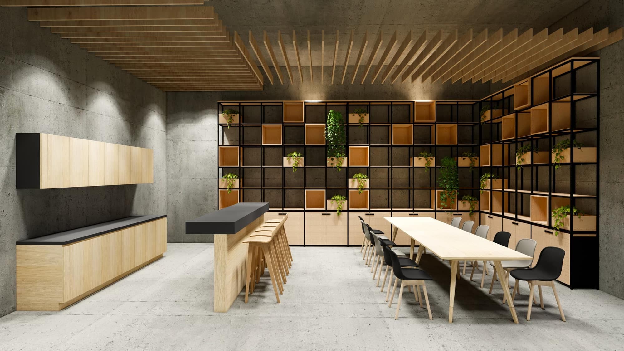 A 3D-rendered showroom with concrete walls, a wooden slat ceiling, a shelving wall with plants and a long table